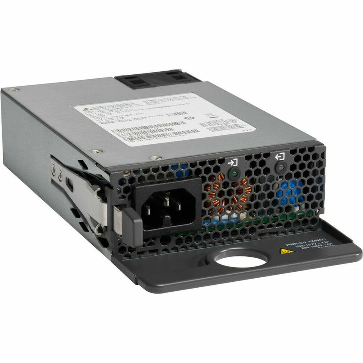 Alimentatore per computer, grigio e nero, con porta di alimentazione e pannello aperto.