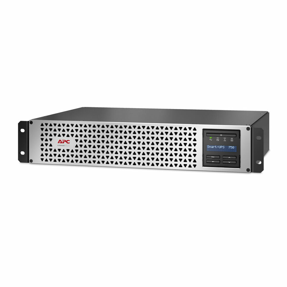 Dispositivo UPS negro y plateado con panel de visualización y botones.