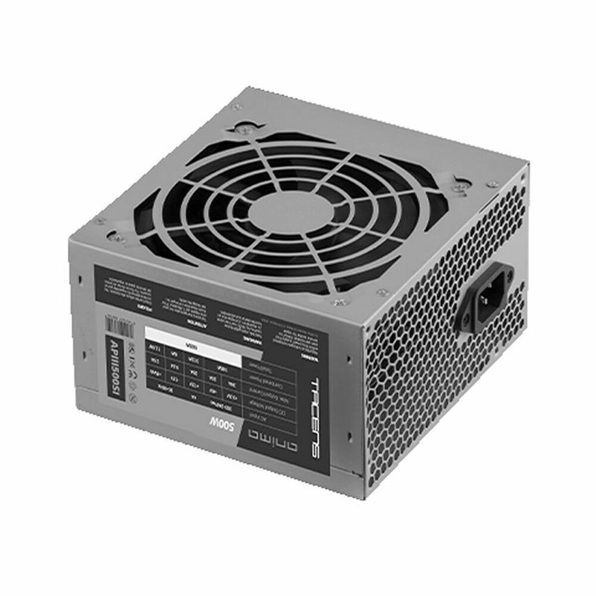 Un alimentatore grigio per computer con ventola è su una superficie bianca.