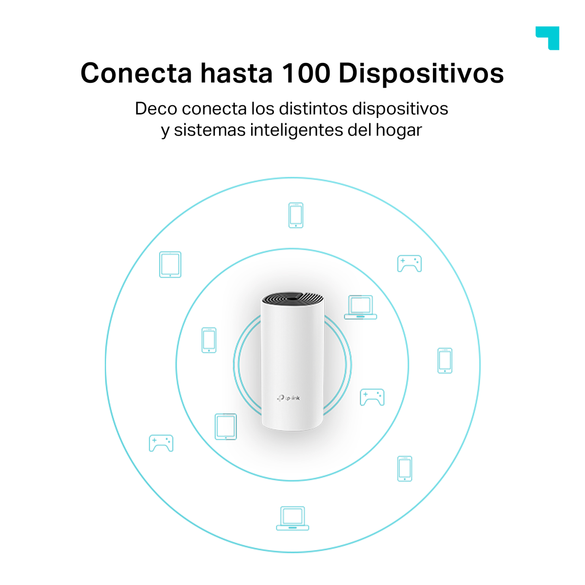 Białe urządzenie z niebieskimi liniami i wieloma urządzeniami wokół niego, pokazujące łączność.