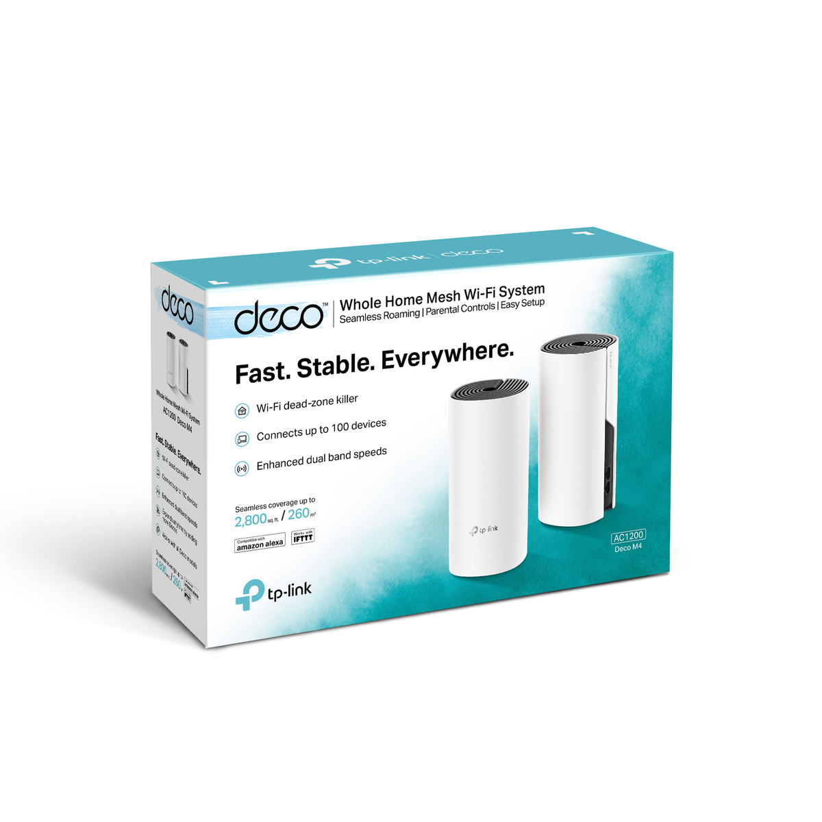 Eine weiße tp-link Deco Wi-Fi Systembox mit zwei weißen Einheiten.