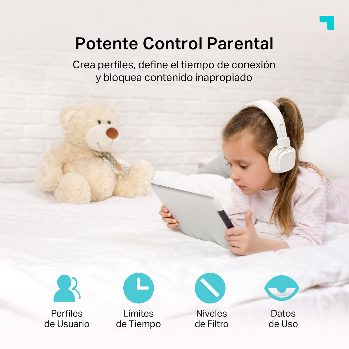 Dziewczyna na łóżku używa tabletu ze słuchawkami. Tekst o kontroli rodzicielskiej i ikonach.