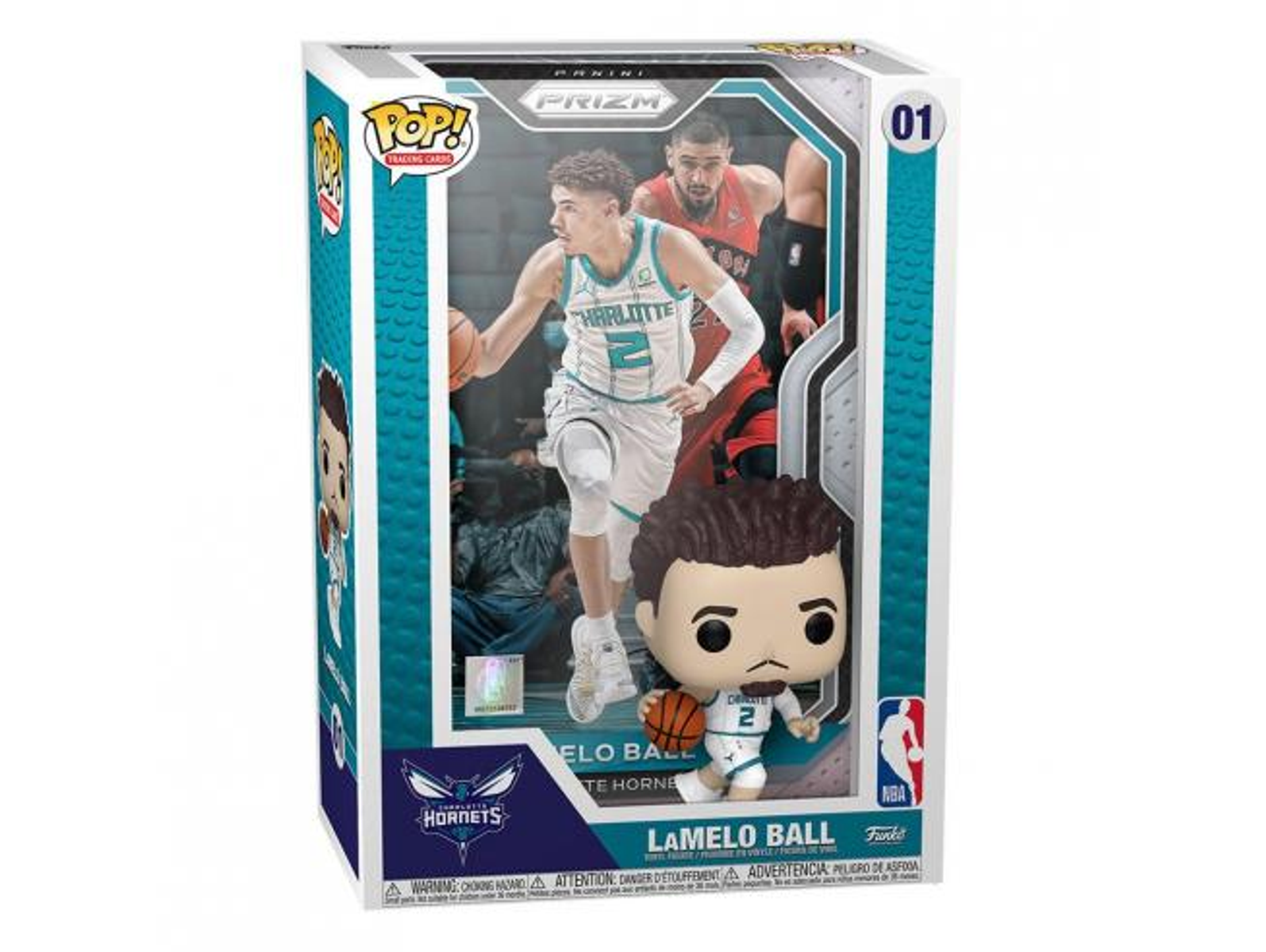 Eine Funko Pop-Box mit einer Basketballspielerfigur und einem Bild des echten Spielers im Hintergrund.