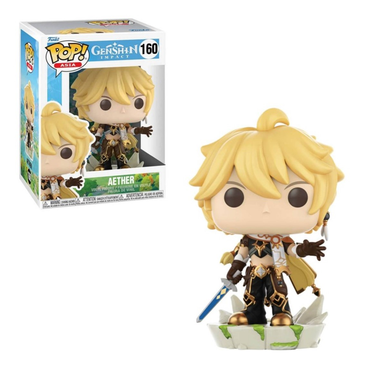 Figura Funko Pop di Aether da Genshin Impact, in scatola e fuori, su sfondo bianco.