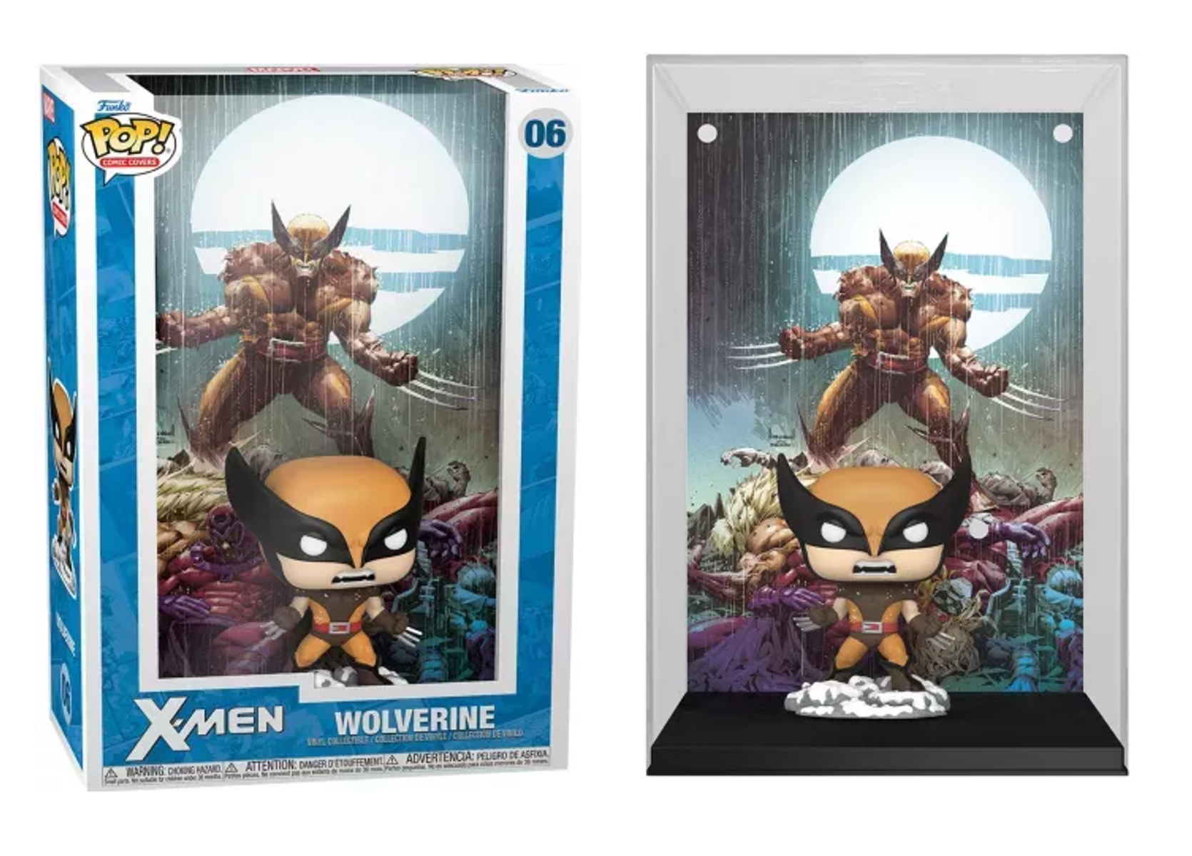 Figura Funko Pop di Wolverine in scatola e vetrina, sfondo a fumetti.