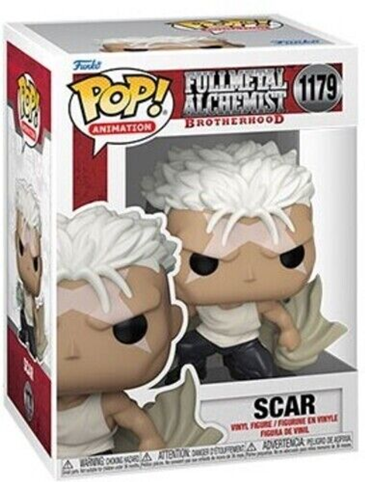Funko Pop Figur von Scar aus Fullmetal Alchemist. Figur hat weiße Haare, in einer Box.