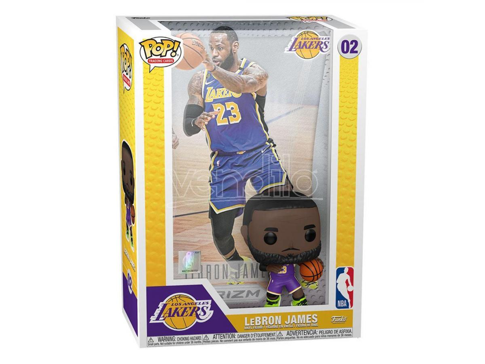 LeBron James Figur in einer Box. Eine kleinere Figur von ihm ebenfalls in der Box. Die Box hat Lakers-Branding.
