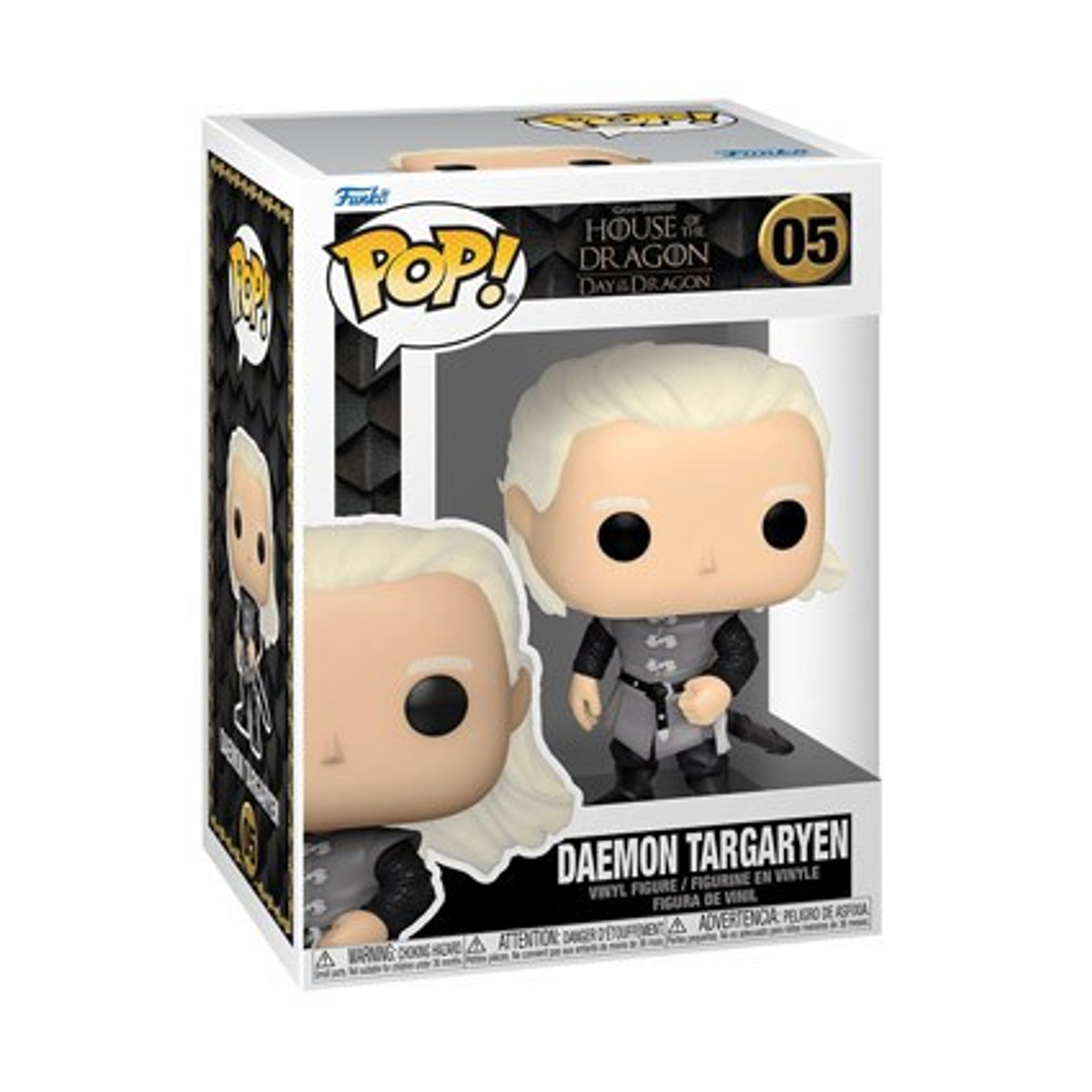 Eine Funko Pop Figur in einer Box, die Daemon Targaryen mit weißen Haaren darstellt.