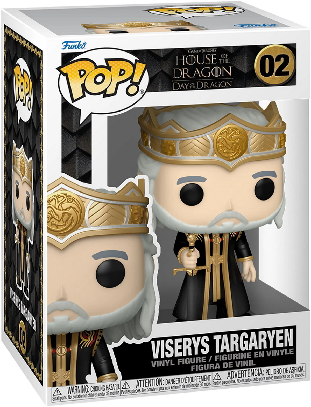 Figura Funko Pop di Viserys Targaryen in scatola, con dettagli del personaggio.