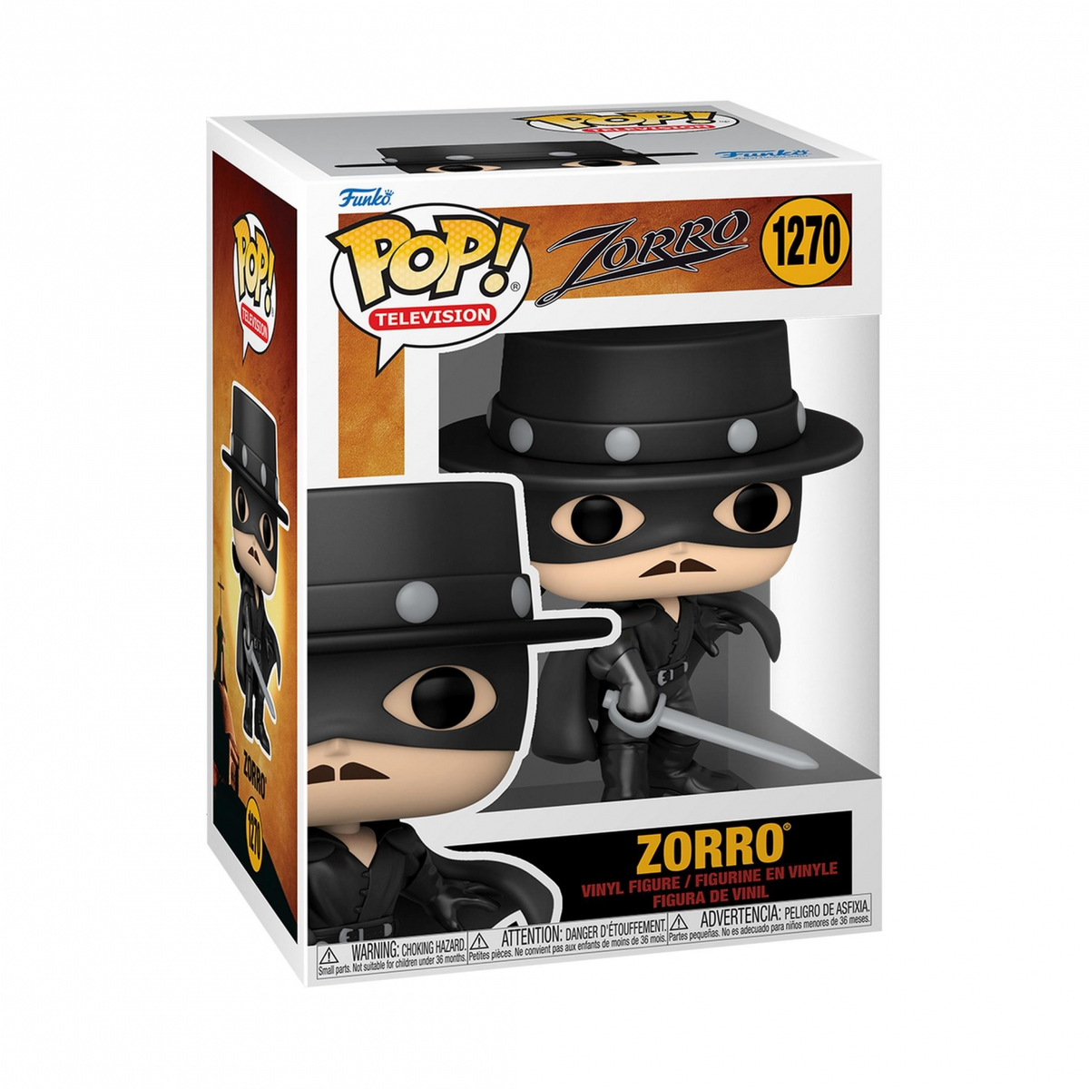 Figura de Zorro Funko Pop en una caja. La figura es negra y lleva una máscara. La caja tiene gráficos.