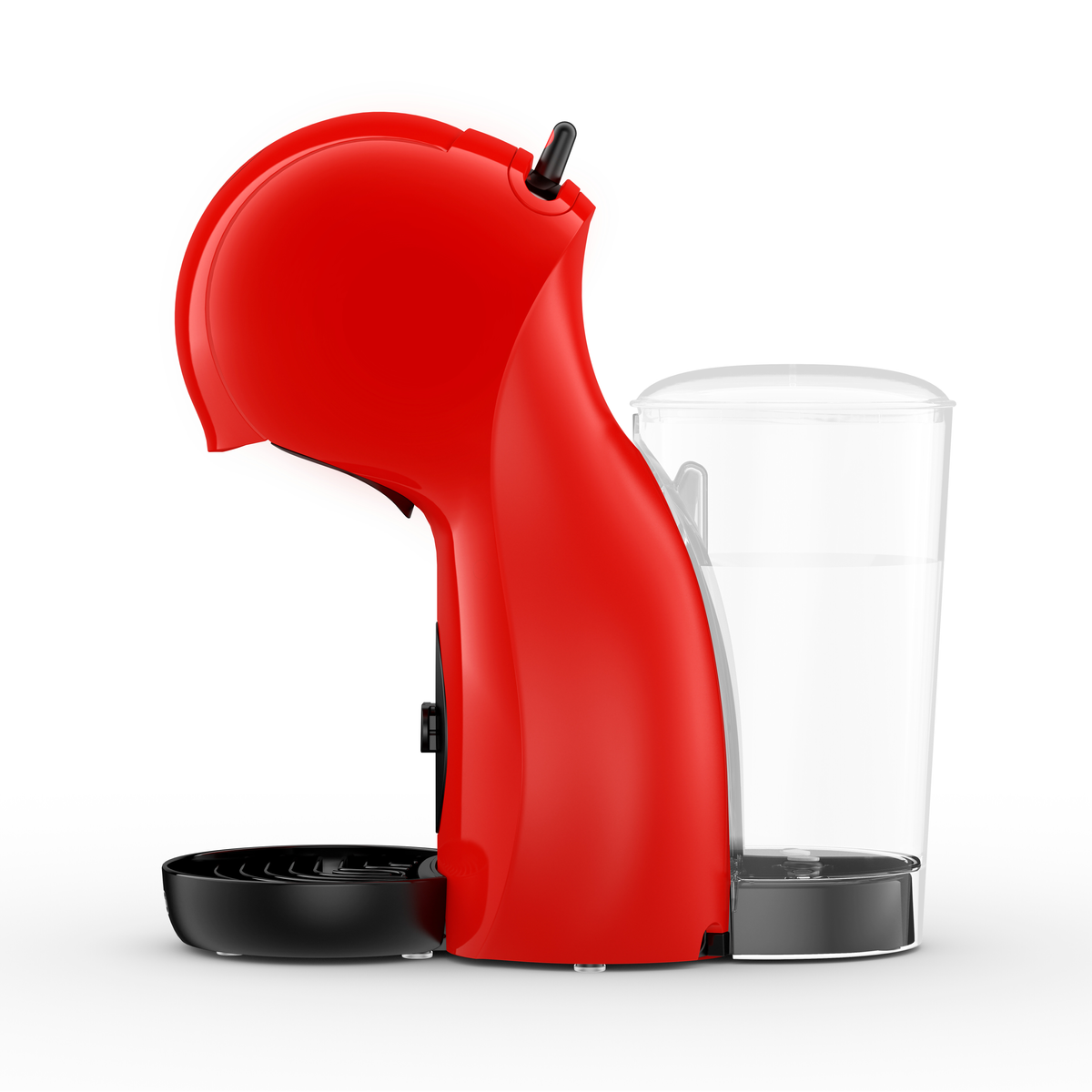 Czerwony ekspres do kawy z przezroczystym pojemnikiem na wodę i czarną podstawą.