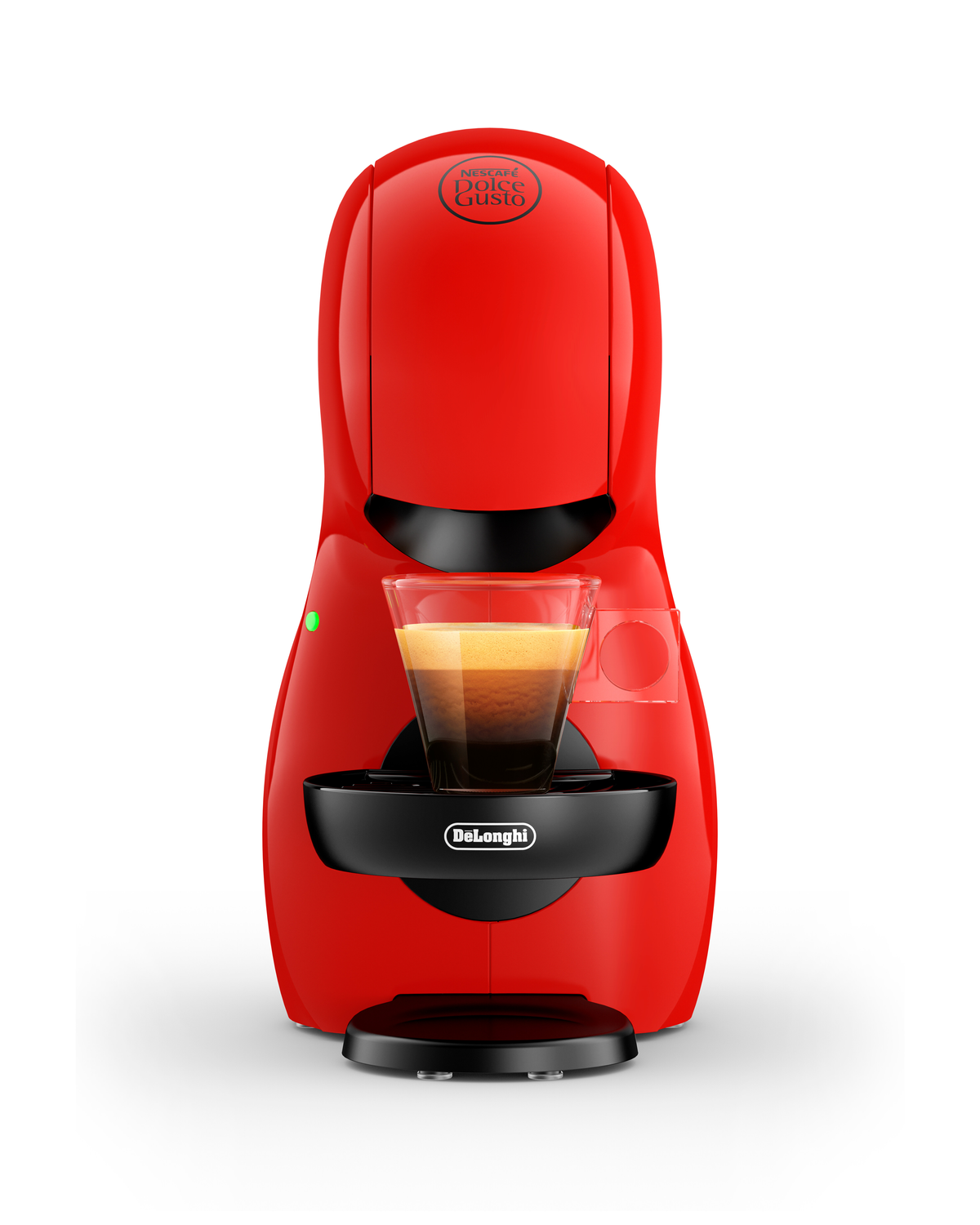 Czerwony ekspres do kawy ze szklanką wypełnioną kawą na białym tle.