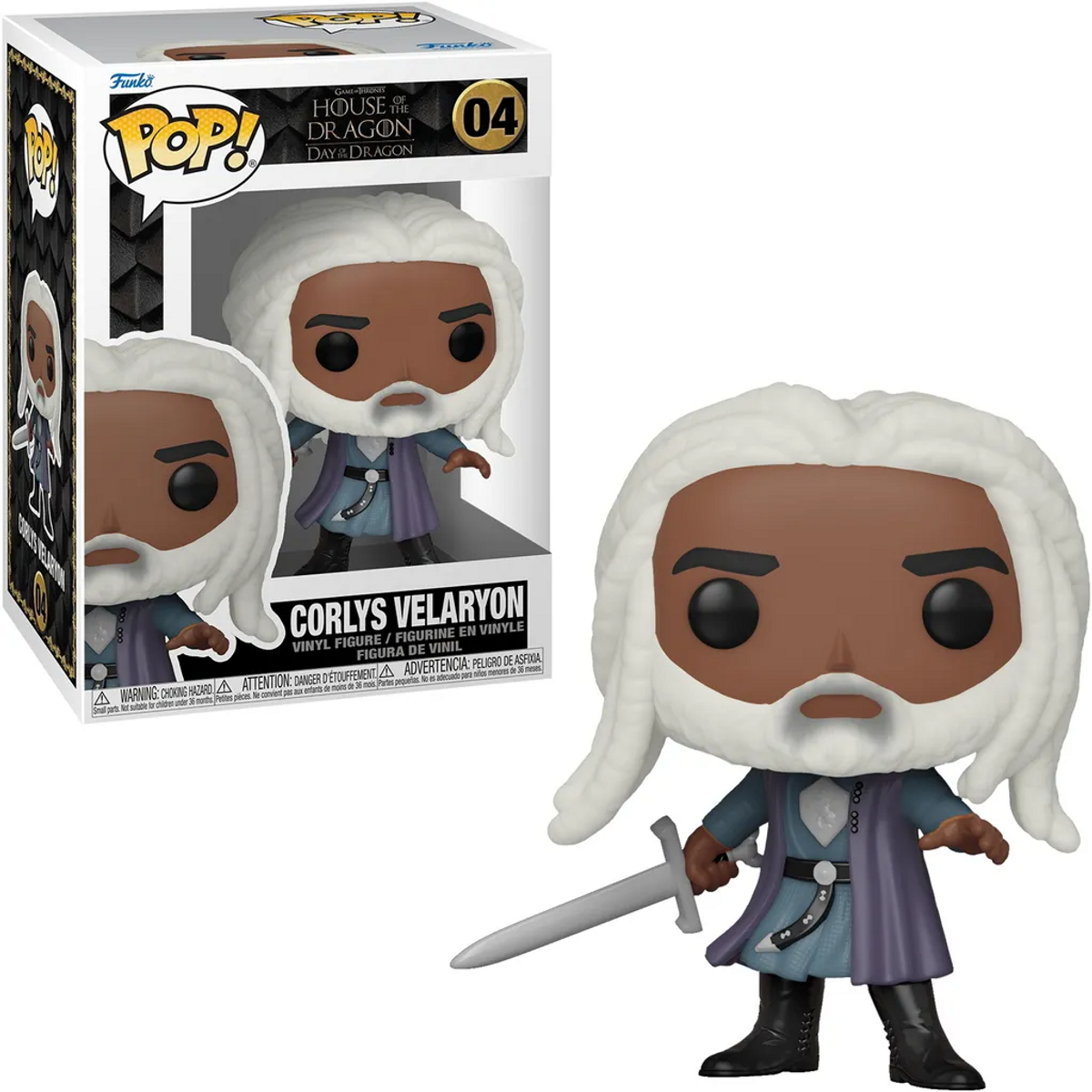 A Funko Pop figure of Corlys Velaryon, with a sword and white hair.