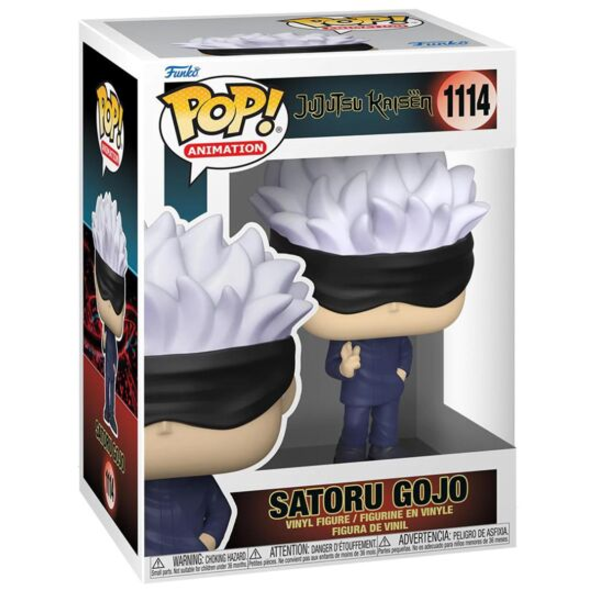 Funko Pop Figur von Satoru Gojo aus Jujutsu Kaisen, in einer Box. Weißes Haar, schwarze Augenbinde, blauer Anzug.