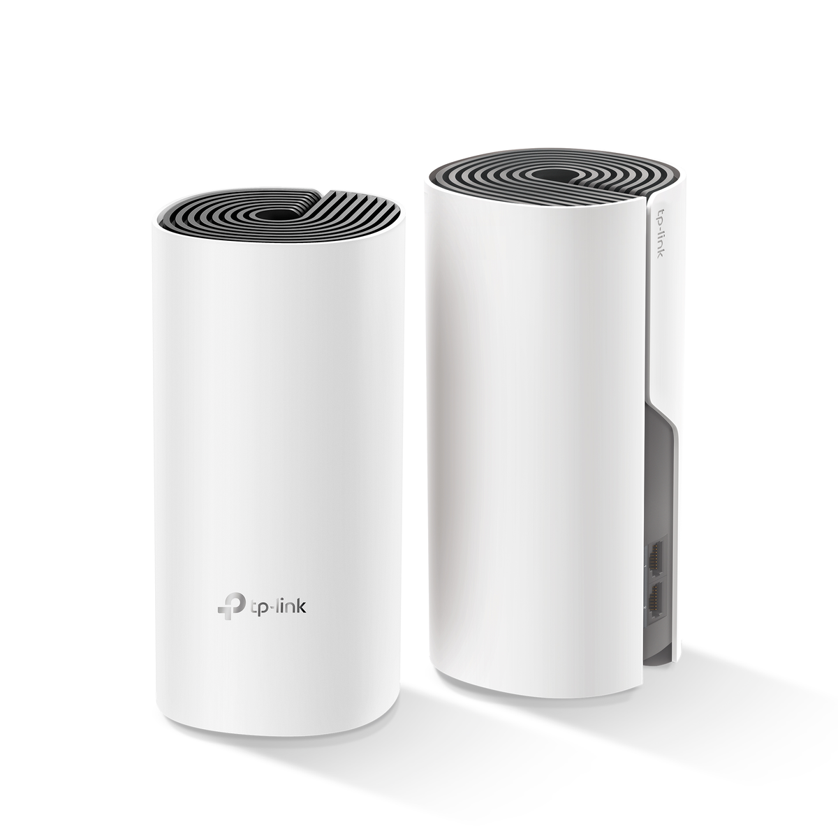 Dwa białe, cylindryczne urządzenia TP-Link z czarnymi kratkami na górze, obok siebie.