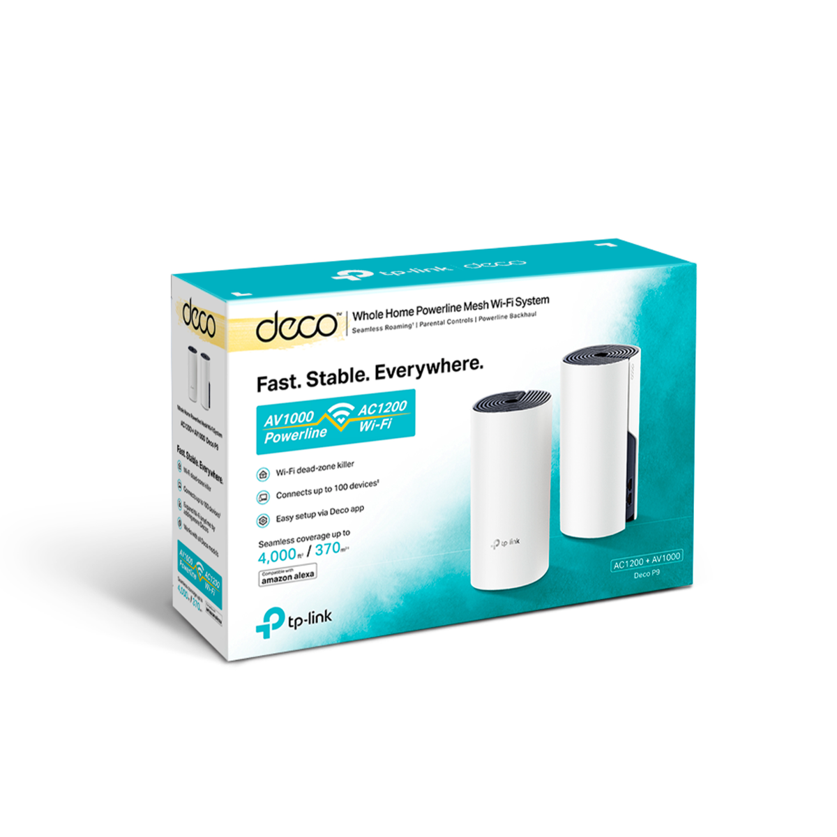 Pudełko systemu Wi-Fi tp-link deco. Zawiera dwie białe cylindryczne jednostki i opis tekstowy.