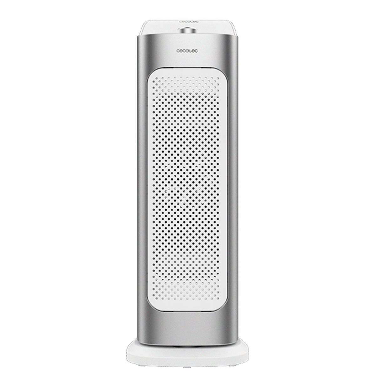 Srebrno-biały wentylator pionowy z perforowanym przodem, na białej podstawie, na czarnym tle.