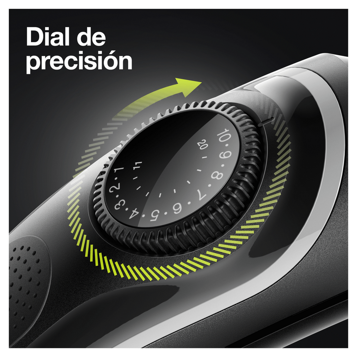Primer plano de una herramienta de aseo negra con un dial y una flecha curva que indica la dirección de ajuste.