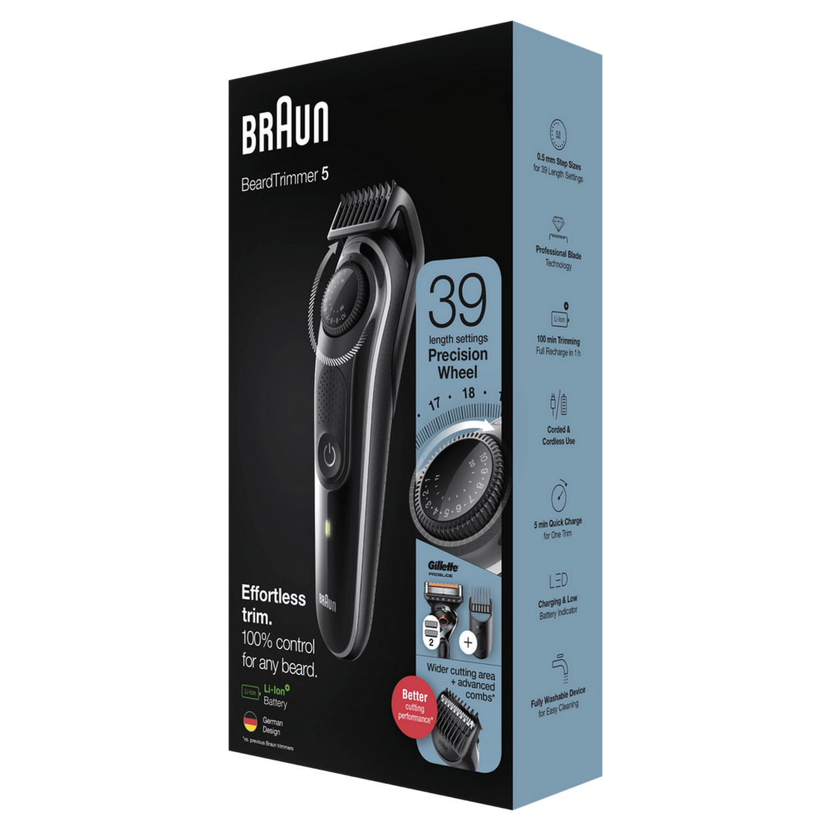 Caja Braun BeardTrimmer 5 con recortadora y accesorios. Negro y gris con texto y gráficos.