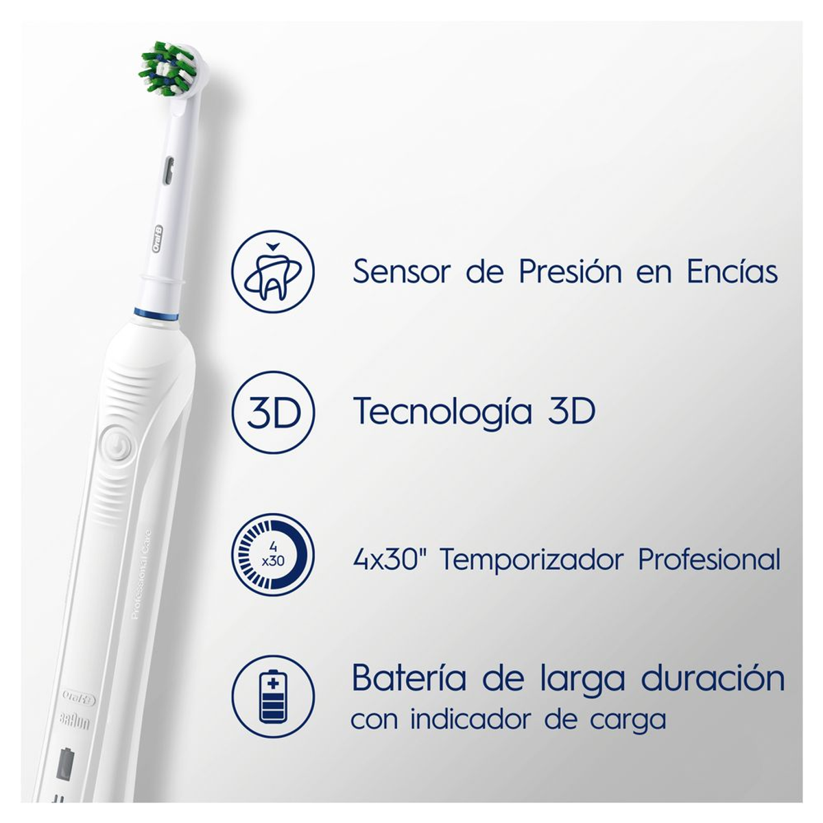 Cepillo de dientes eléctrico blanco con cabezal verde y texto que describe las características.