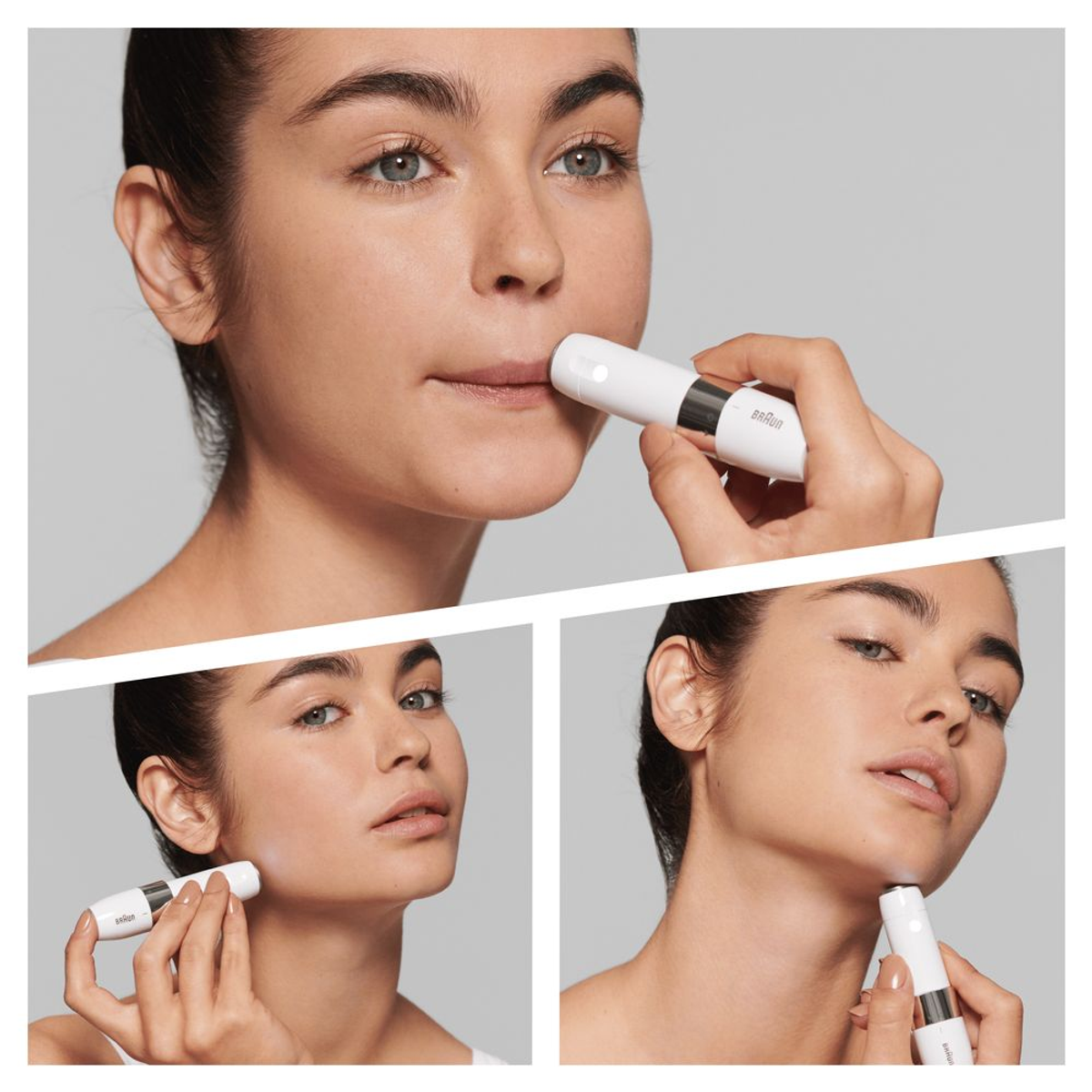 Donna che usa un dispositivo di bellezza bianco sul viso. Tre immagini mostrano diverse aree.