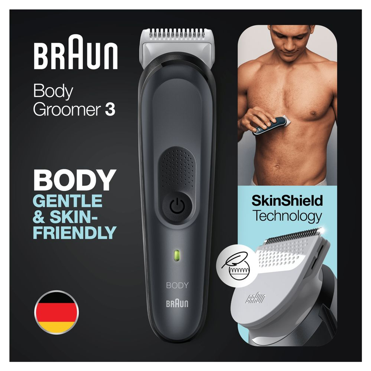 Trymer do ciała Braun Body Groomer 3, z mężczyzną i zbliżeniami.