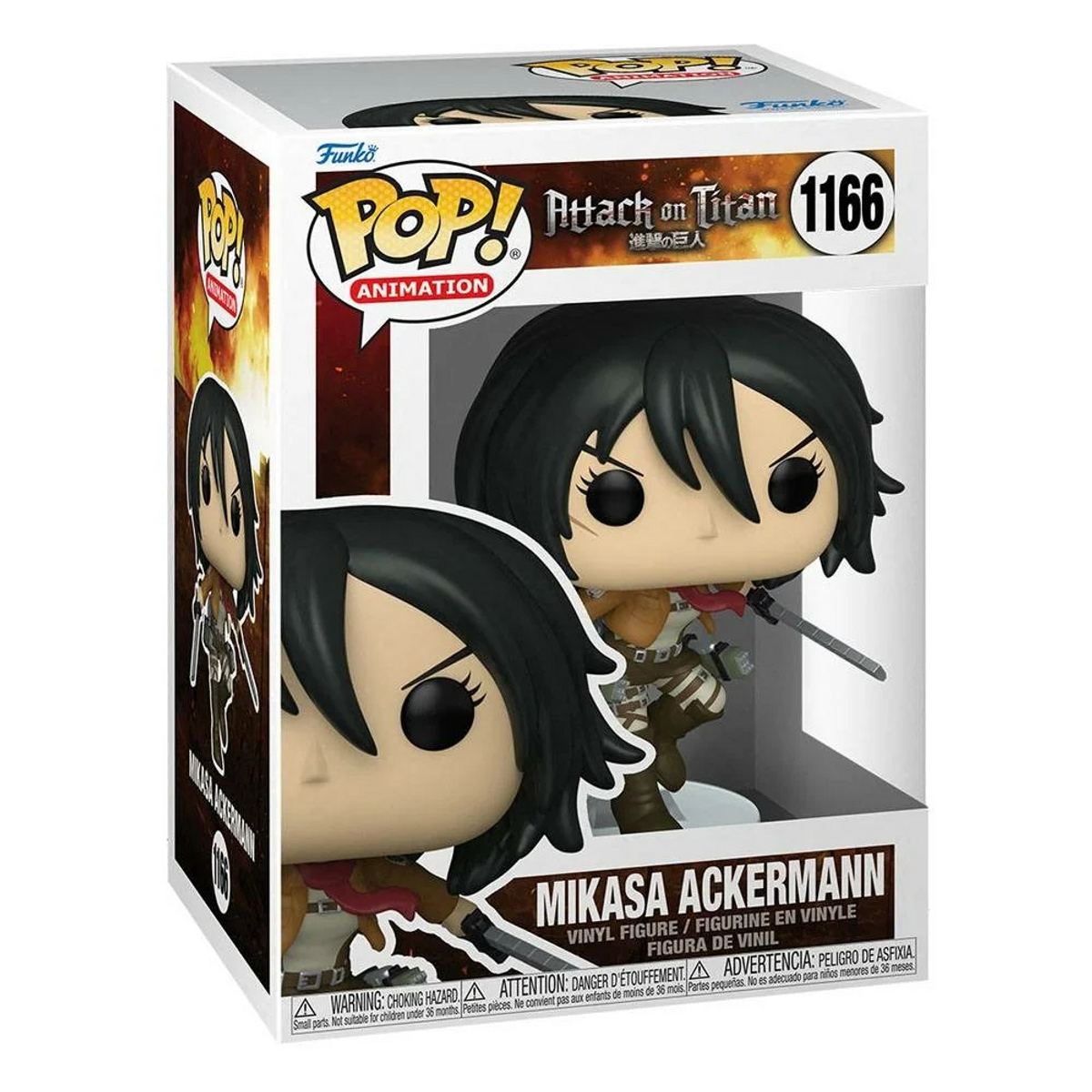 Eine Funko Pop Figur von Mikasa Ackerman aus Attack on Titan, in einer Box.