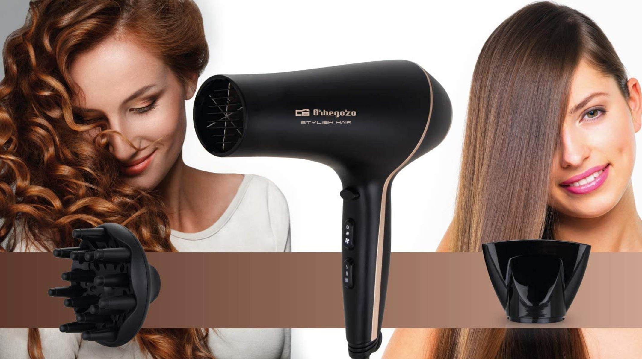 Due donne e un asciugacapelli nero. Una donna ha i capelli ricci; l'altra ha i capelli lisci.
