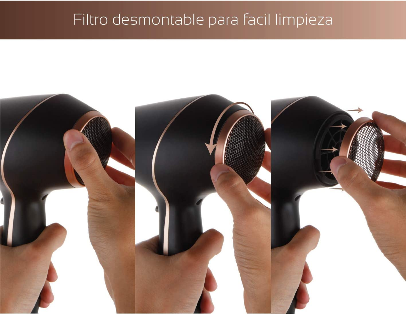 Le mani rimuovono un filtro da un asciugacapelli nero e bronzo, mostrando i suoi componenti.