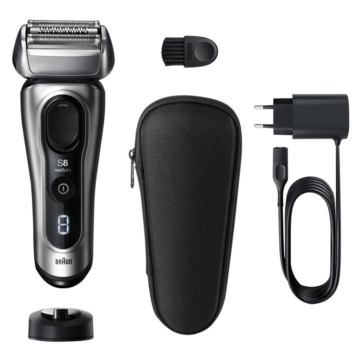Aksesuarlarıyla Braun Series 8 elektrikli tıraş makinesi: fırça, kılıf, şarj cihazı ve stand.