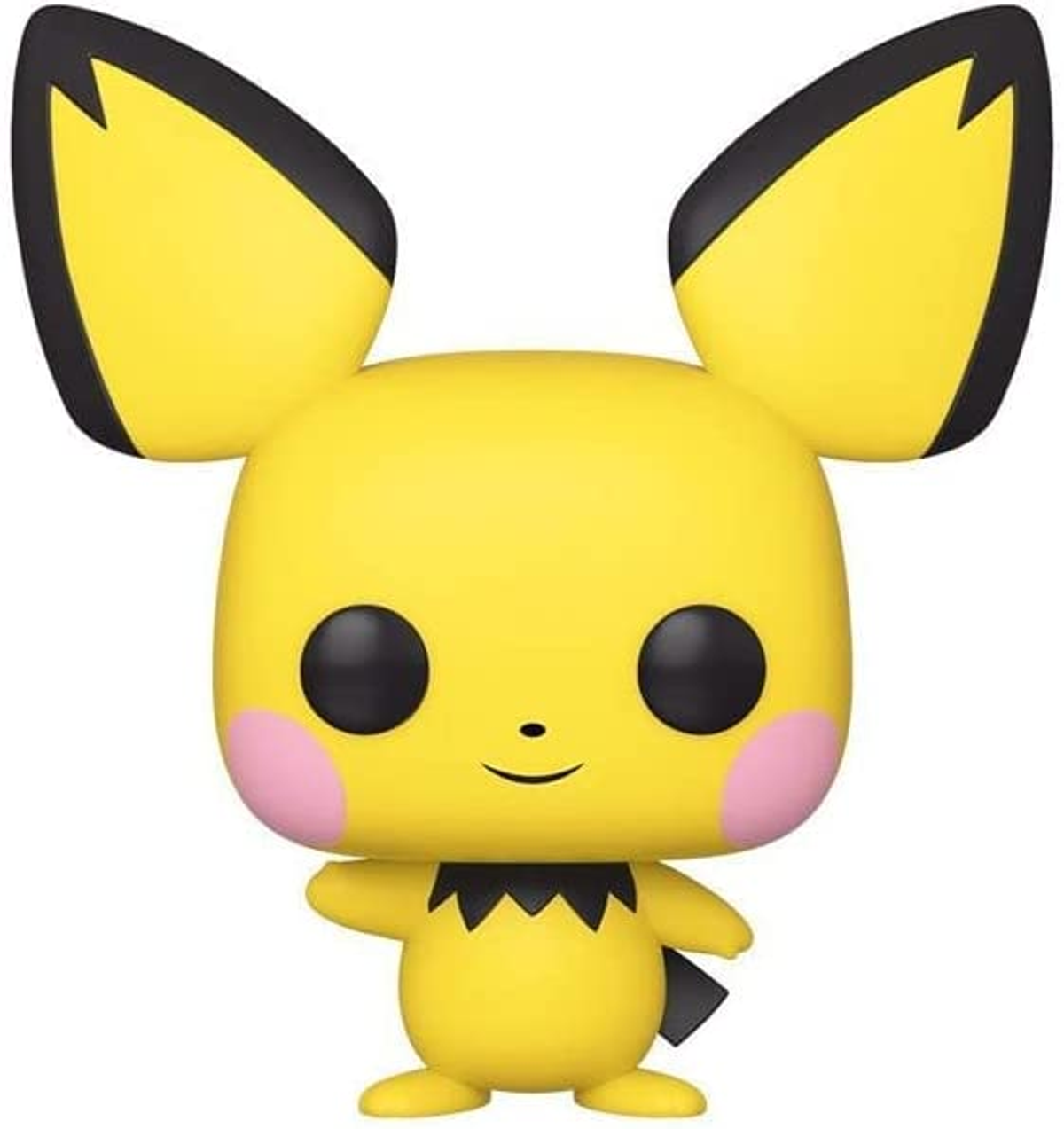 Figura gialla di Pikachu con grandi orecchie, occhi neri e bocca piccola. Ha un gilet nero.