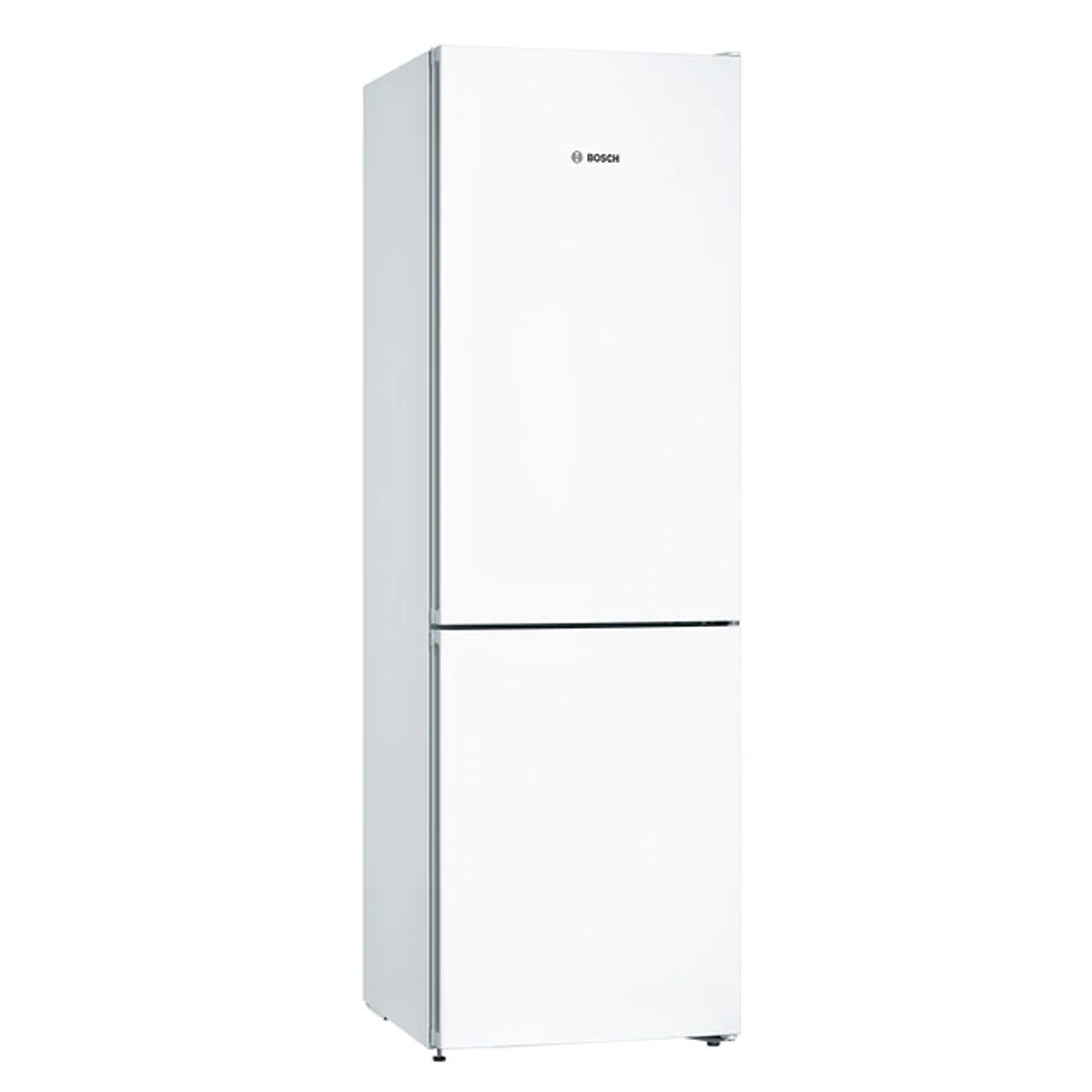 Biała lodówka Bosch z dwoma drzwiami. Górne drzwi są mniejsze i mają logo Bosch. Białe tło.