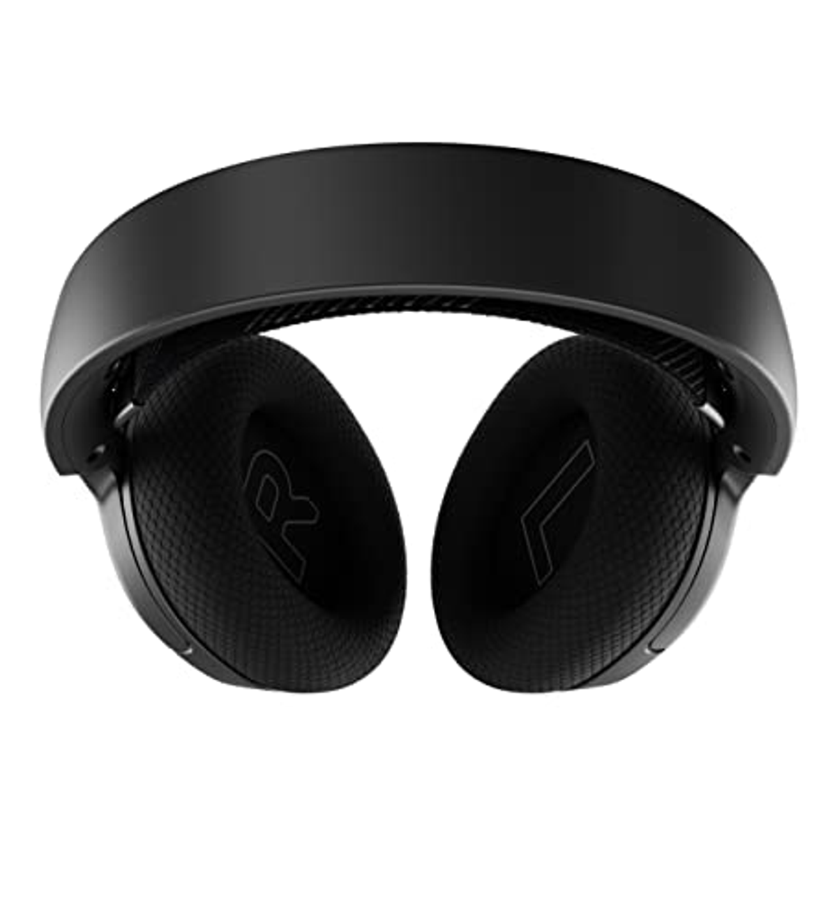 Black headphones. The earcups are black with an R and an L printed on them.