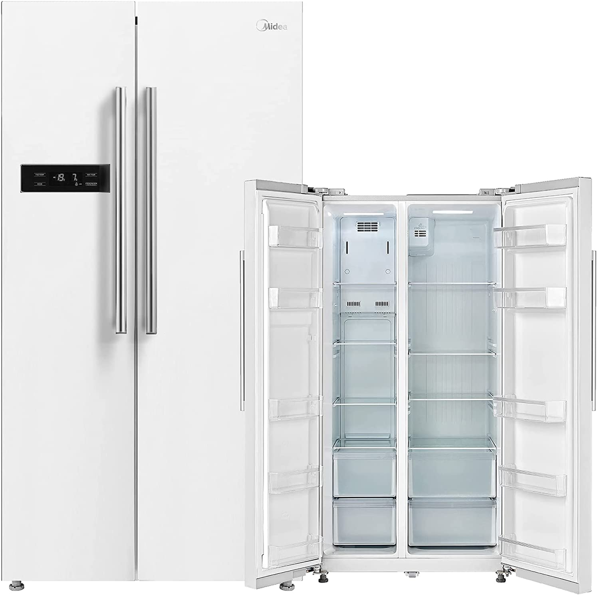 Frigorífico blanco con dos puertas, una abierta, mostrando el interior.