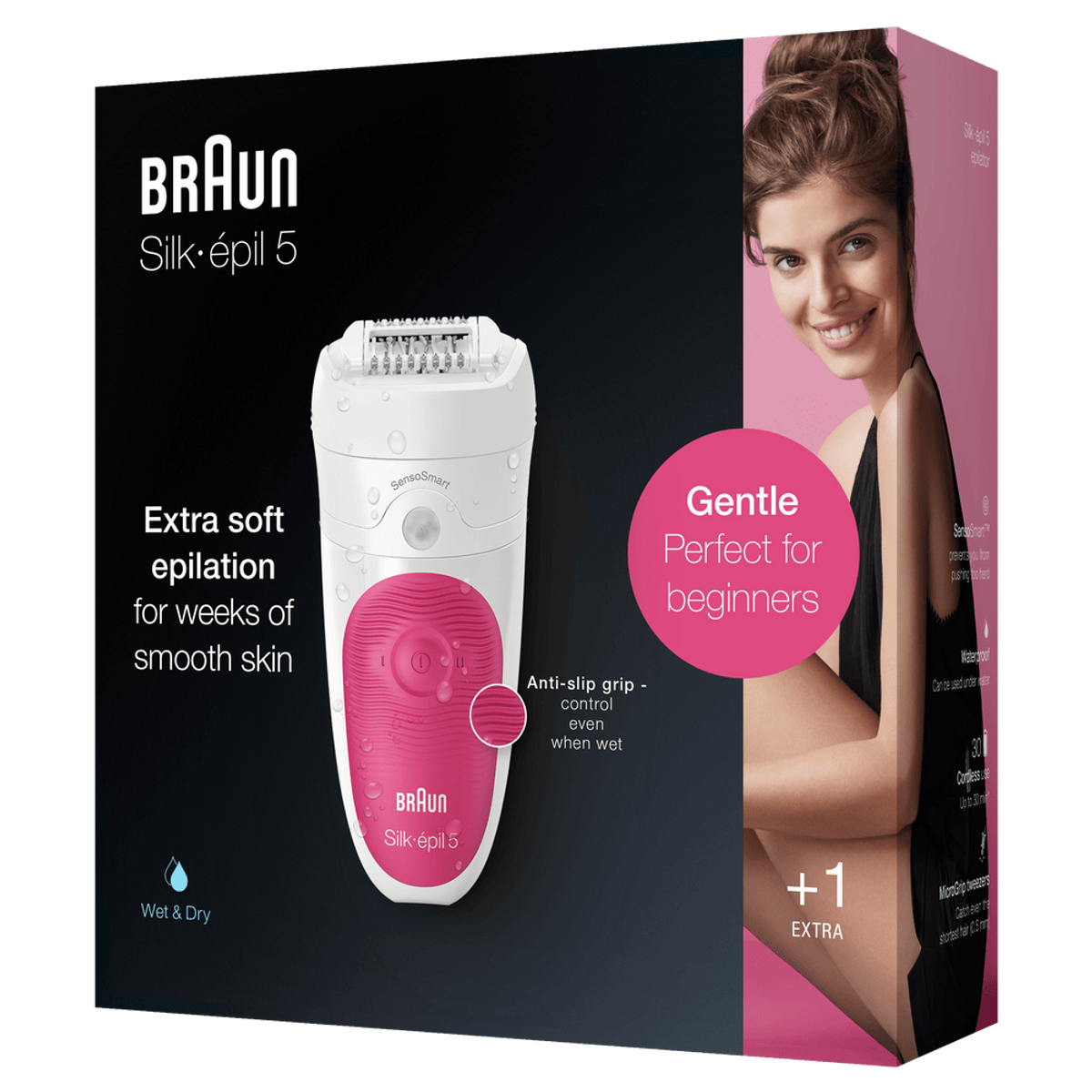 Pudełko z depilatorem Braun Silk-épil 5. Kobieta po prawej, depilator po lewej, różowy akcent.