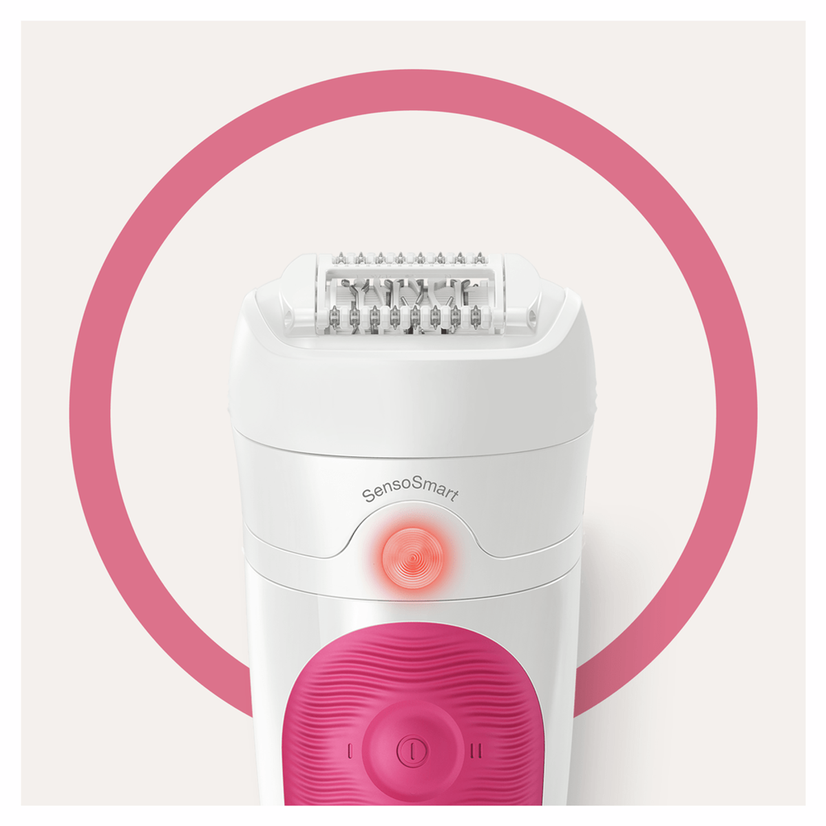 Biały i różowy depilator z czerwonym światłem i różowym okręgiem.