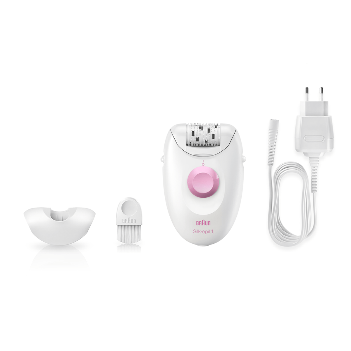 Depiladora Braun blanca con accesorios. Incluye cepillo, cable de carga y una tapa de limpieza.