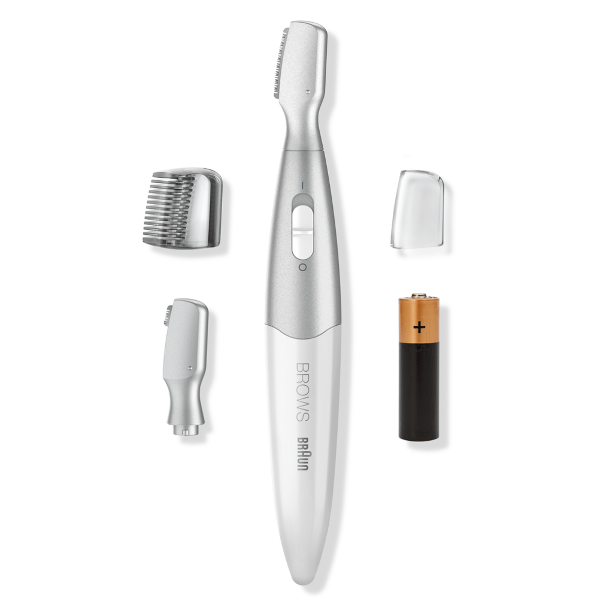 Braun Augenbrauen-Trimmer, zerlegt, mit Aufsätzen, Batterie und Schutzkappe vor Weiß.