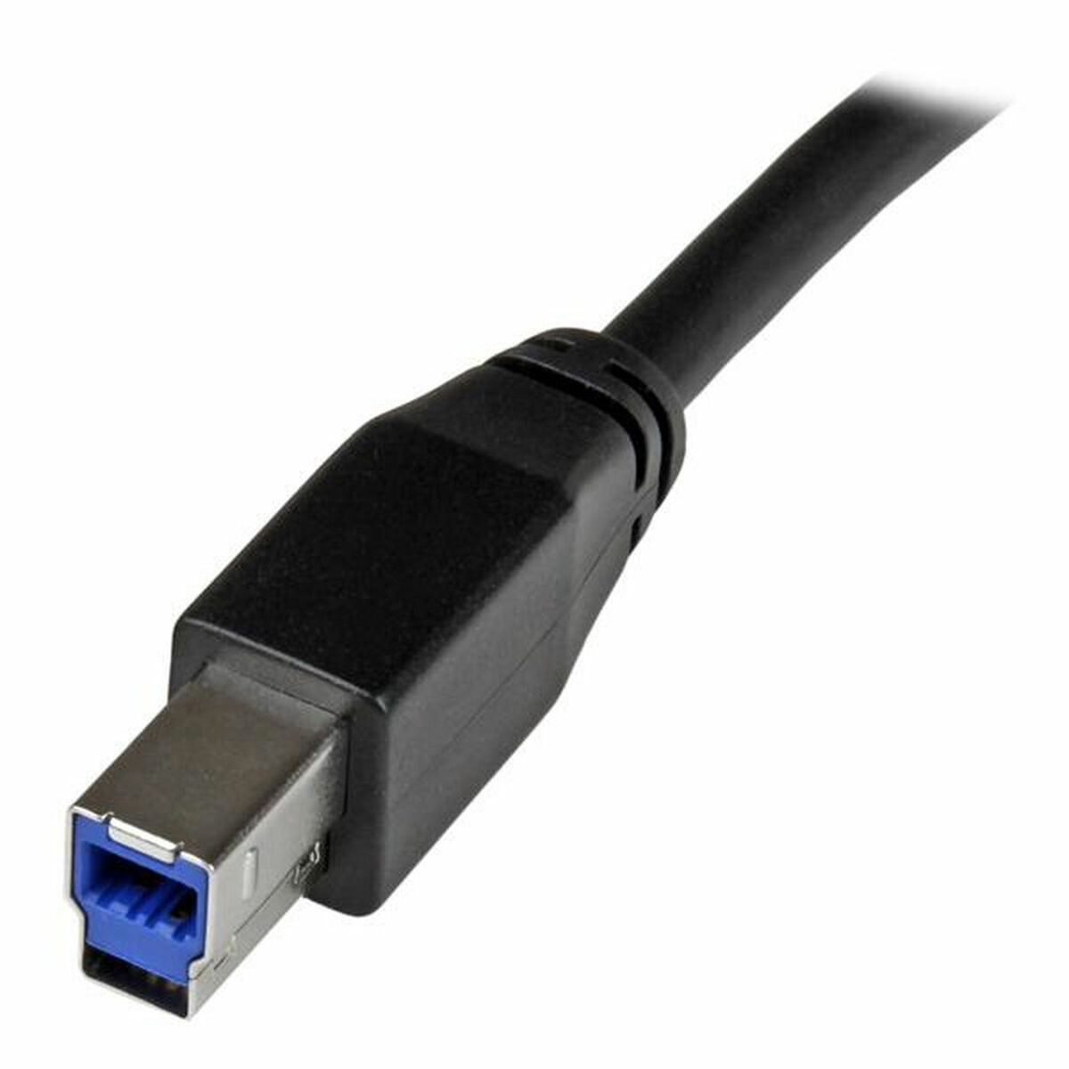 Un cavo USB 3.0 nero con un connettore blu, isolato su sfondo bianco.