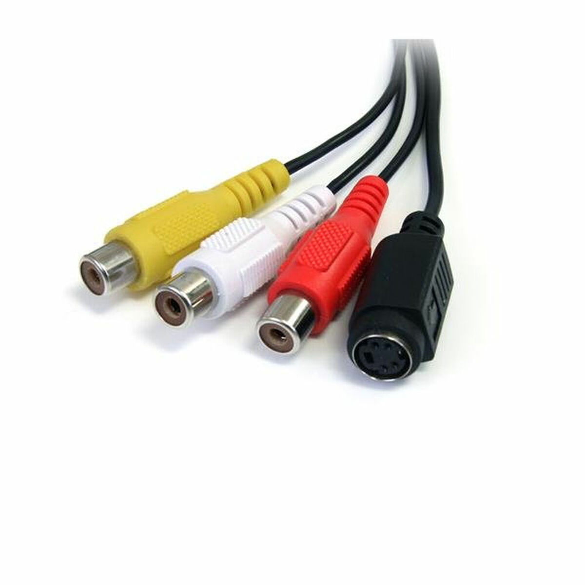 Cuatro cables RCA: amarillo, blanco, rojo y un cable S-video negro.