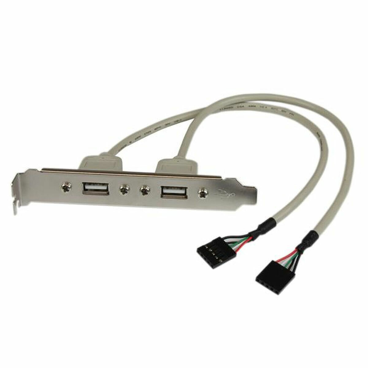 Un pannello frontale USB 2.0 argentato con due porte USB e cavi.