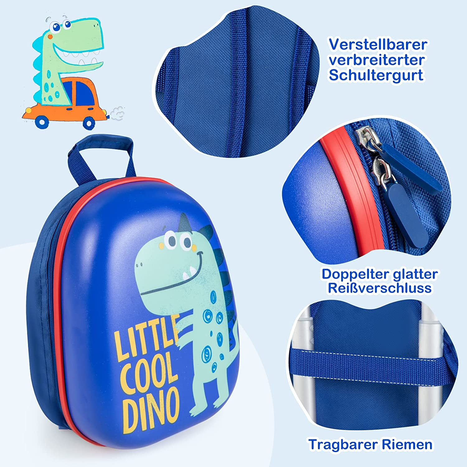 Ein blauer Rucksack mit Dinosaurier-Motiv, einer Dinosaurier-Illustration und Text.