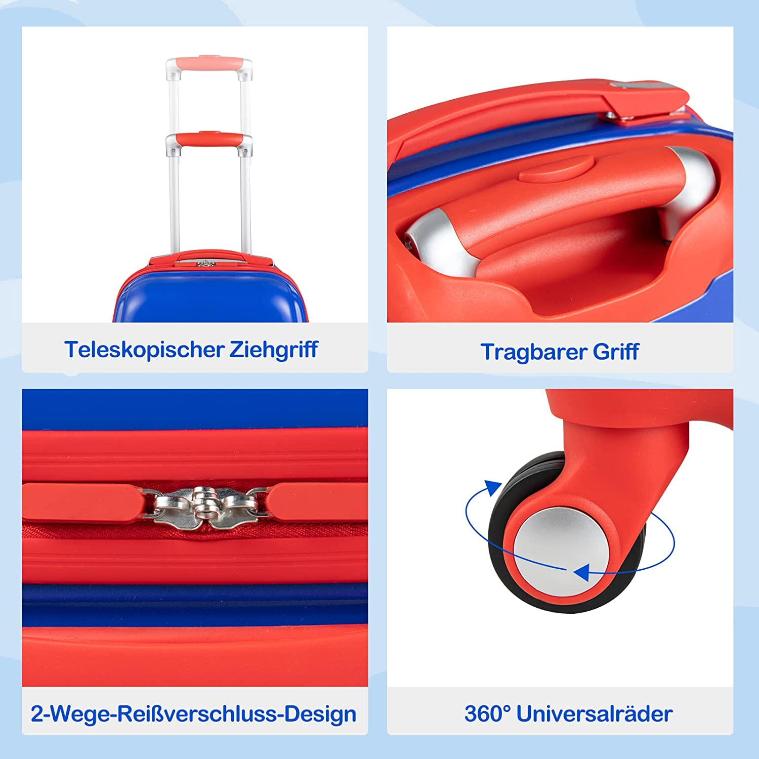 Vier Bilder zeigen Details eines rot-blauen Koffers: Griff, Griff, Reißverschluss und Räder.