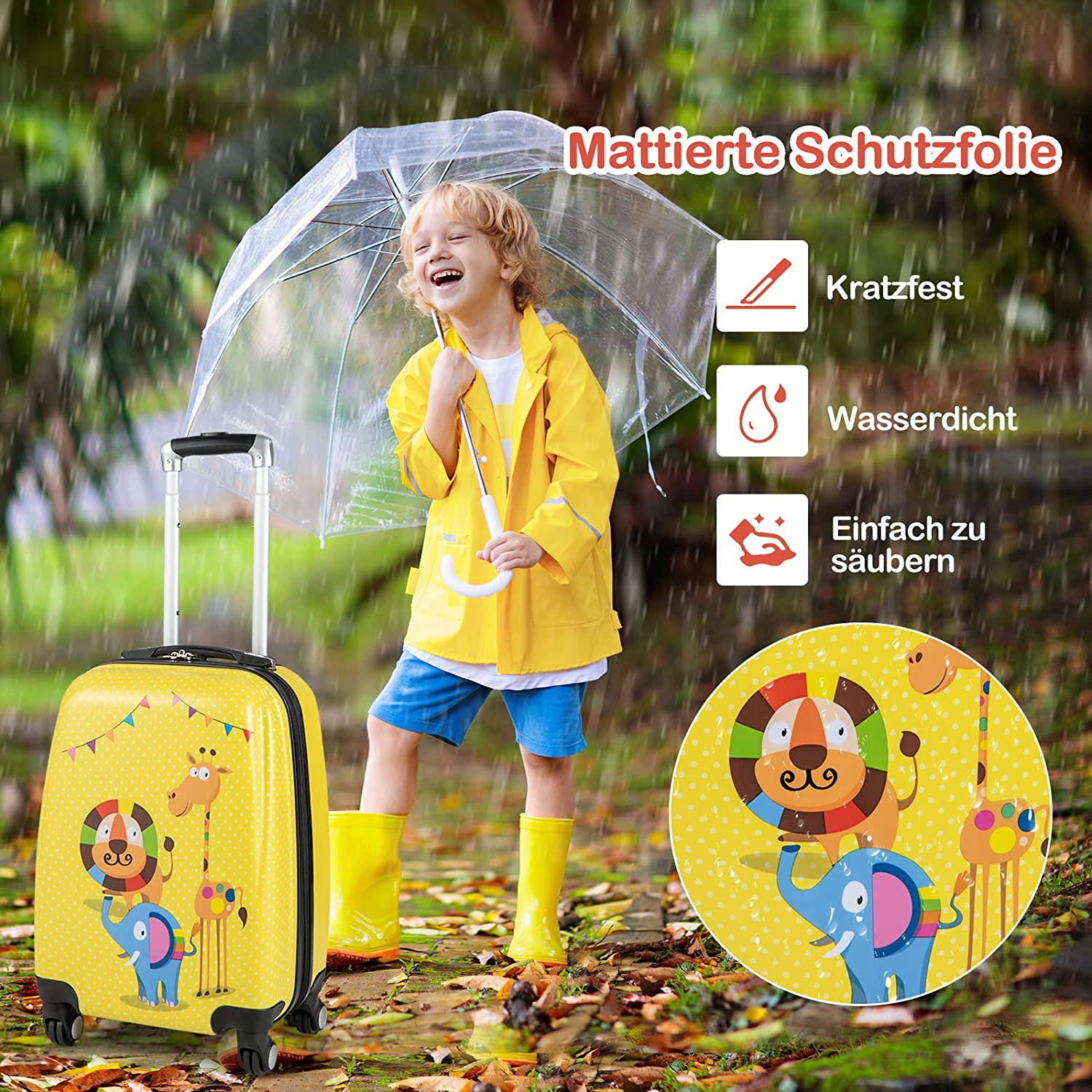 Ein Kind in gelbem Regenmantel mit Koffer und Regenschirm mit Cartoon-Illustrationen.