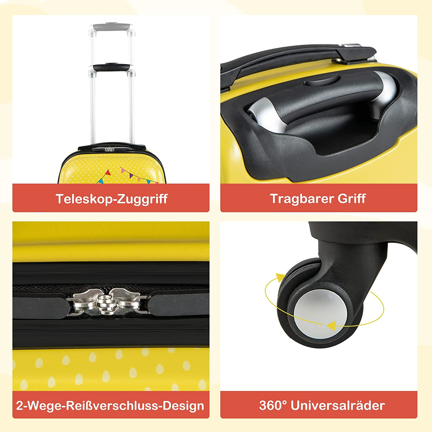 Vier Bilder eines gelben Koffers mit schwarzen Rädern und Griffen. Details umfassen Reißverschlüsse und Griff.