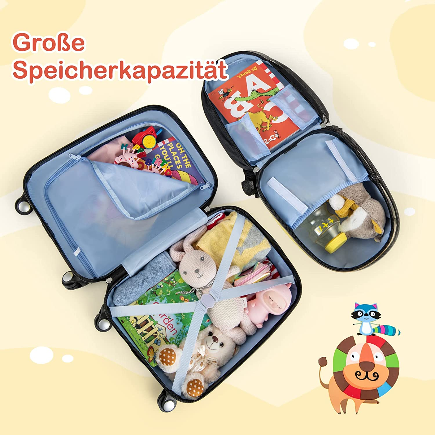 Drei offene Koffer gefüllt mit Spielzeug und Büchern. Ein Löwe und anderes Spielzeug im Vordergrund. Text: Große Kapazität.