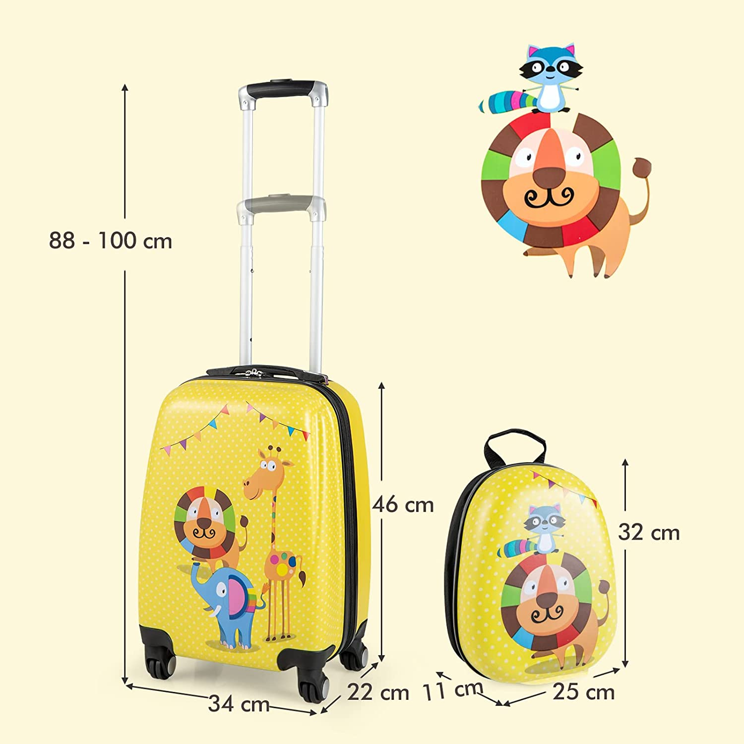 Gelber Koffer und Rucksack mit Tierdesigns und Abmessungen auf beigem Hintergrund.