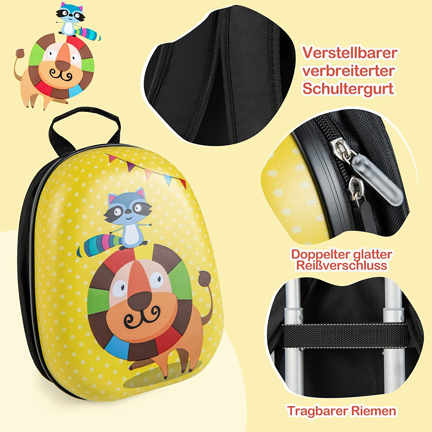 Gelber Kinderrucksack mit Löwen und Waschbär. Reißverschluss- und Riemendetails sind gezeigt.