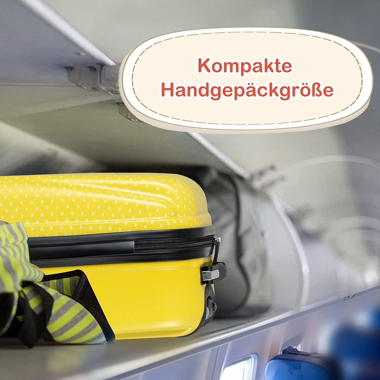Gelber Koffer mit Polka-Dots in einem Gepäckfach. Text: 'Kompakte Handgepäckgröße'.