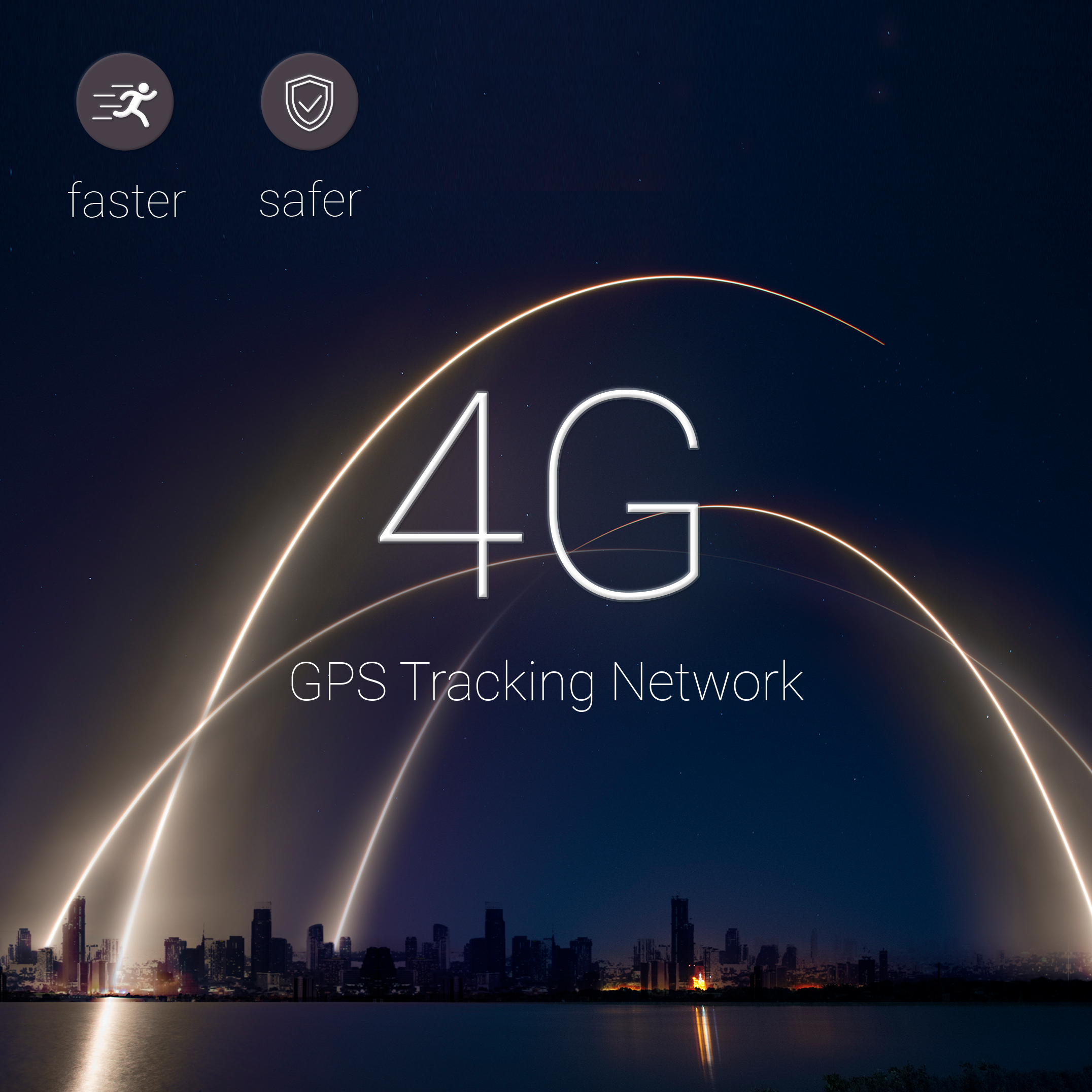 4G GPS-Tracking-Netzwerk Logo mit Stadtbild-Silhouette und Nachthimmel-Hintergrund.